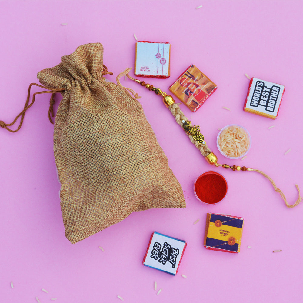 Peacock Rakhi and Chocolate Potli