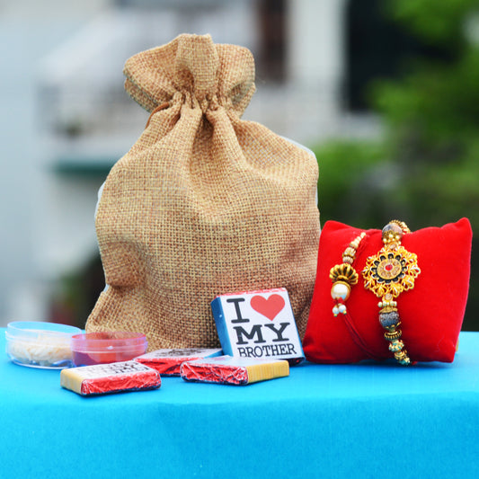 Bhaiya Bhabhi Rakhi Lumba Combo with Chocolates Potli