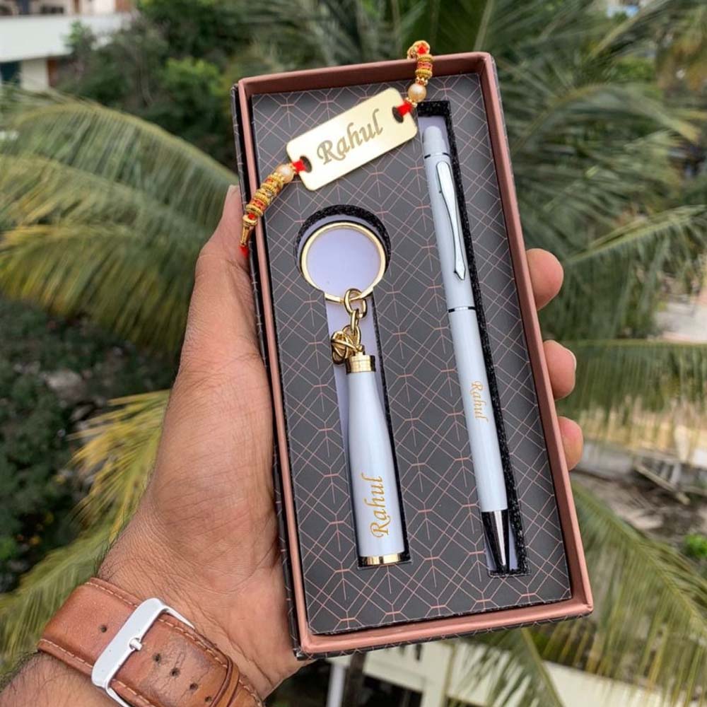 Bottle Shape Keychain & Pen Set With Acrylic Rakhi